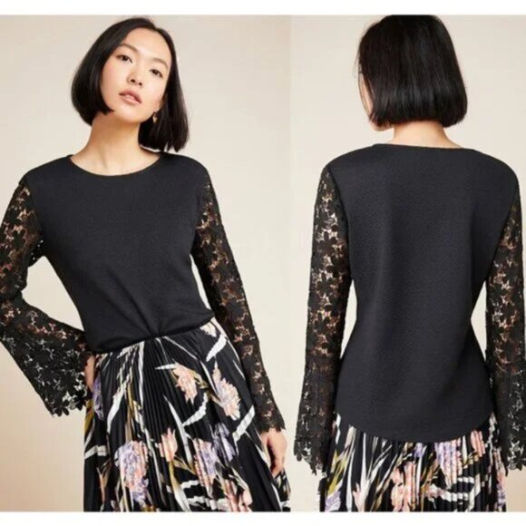 Eri + Ali for Anthropologie Delilah Black Long Sleeve Lace Top - Picture 1 of 7